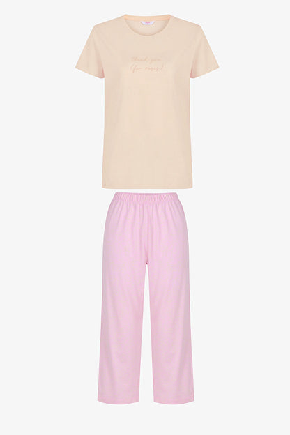 Pembe Roses Pamuklu Kapri Pijama Takımı