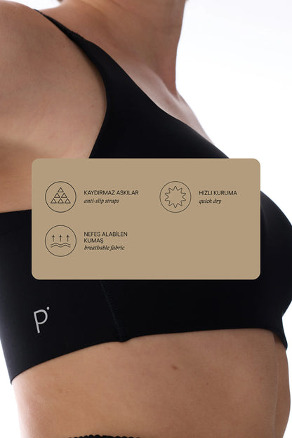 Siyah Stretch360 Orta Destek Çapraz Sırt Detaylı Kaydırmaz Askılı Cross Back Spor Sütyeni