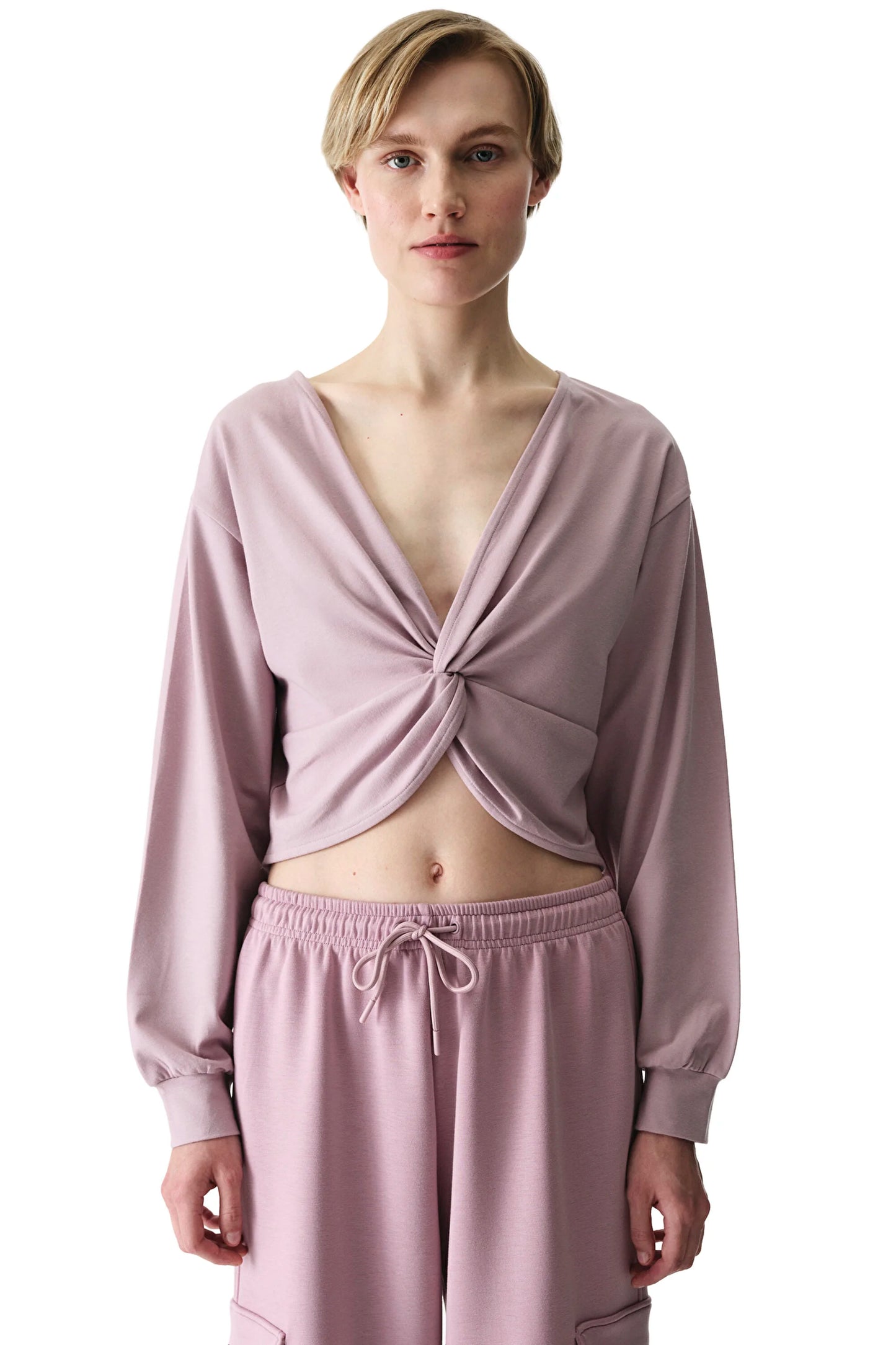 Pembe Büzgülü V Yaka Pamuk Modal Karışımlı Sweatshirt
