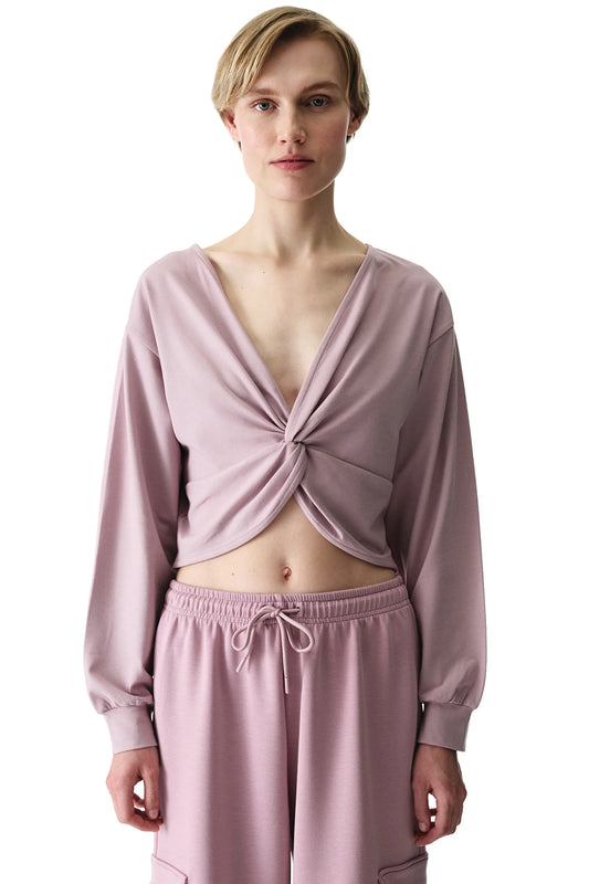 Pembe Büzgülü V Yaka Pamuk Modal Karışımlı Sweatshirt