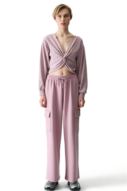Pembe Büzgülü V Yaka Pamuk Modal Karışımlı Sweatshirt