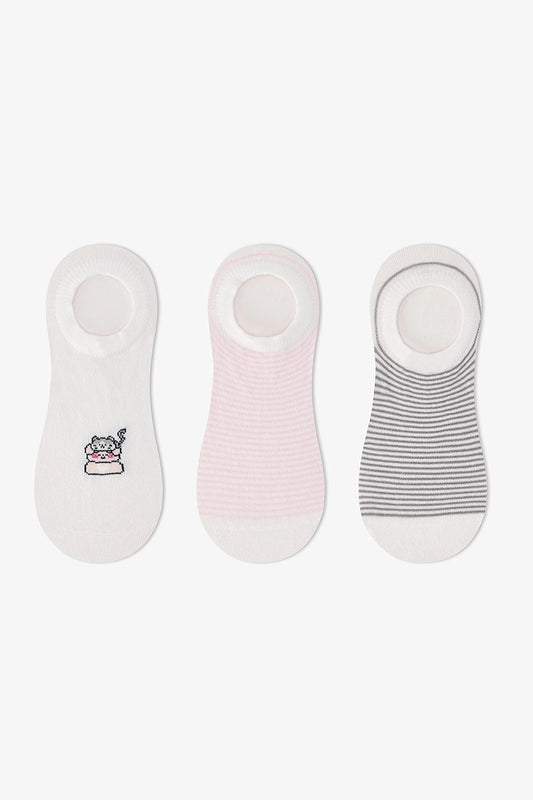 3 Çift Burun Dikişsiz Pamuklu Kedi Desenli Sneaker Çorap