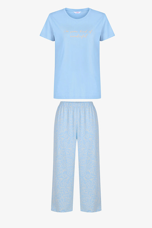 Açık Mavi Wonderful Pamuklu Kapri Pijama Takımı