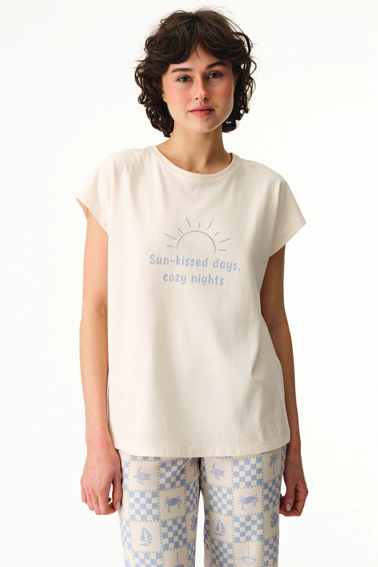 Bej Sun Kissed Pamuklu Tişört Pijama Üstü