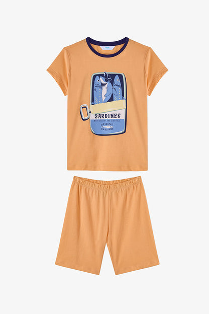 Açık Turuncu Erkek Çocuk Sharkines Pamuklu 2'li Pijama Takımı