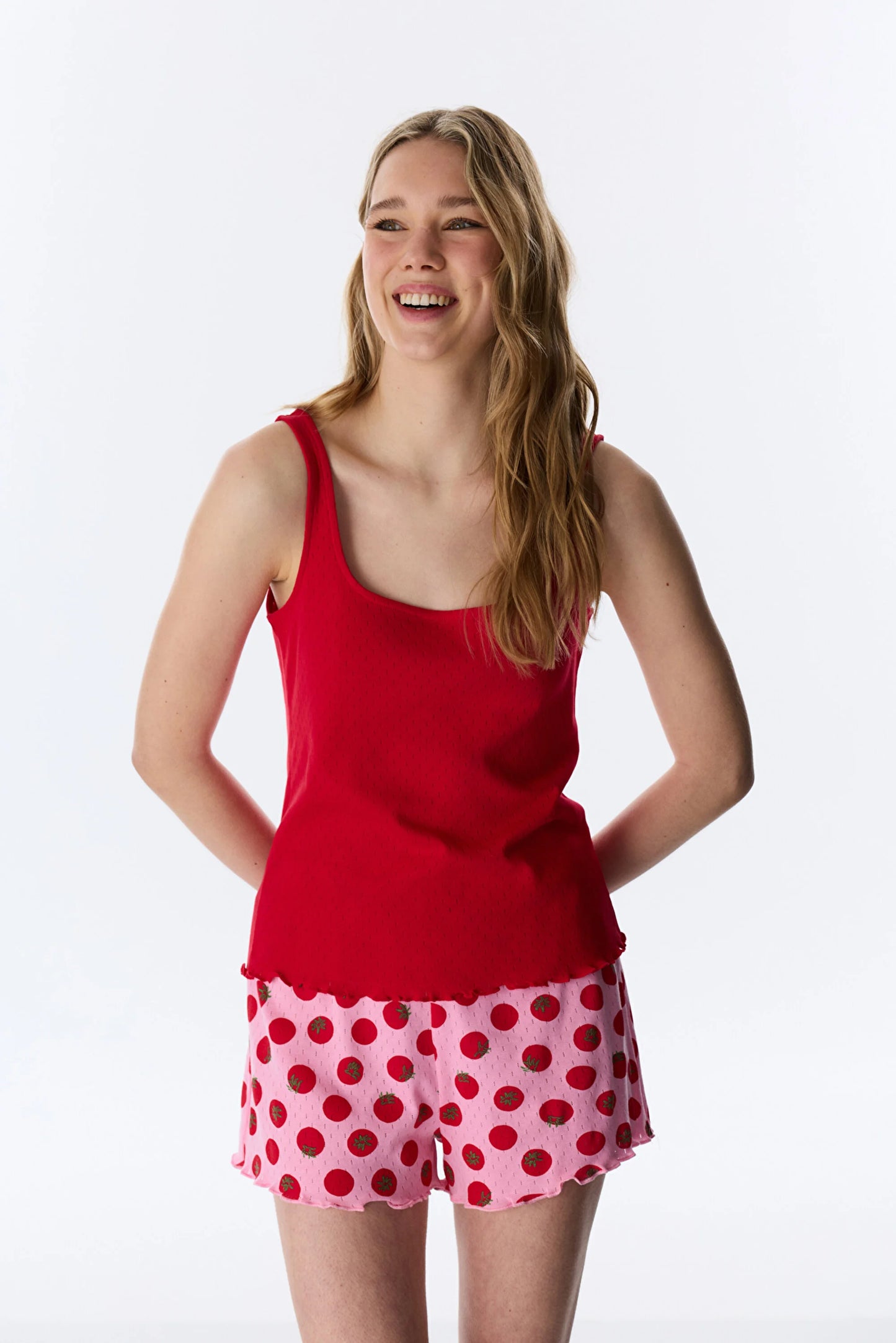 Kırmızı Camille Pointel Pamuklu Şortlu Pijama Takımı
