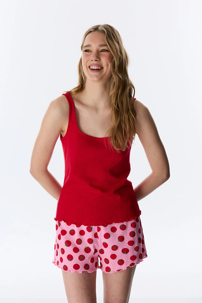Kırmızı Camille Pointel Pamuklu Şortlu Pijama Takımı