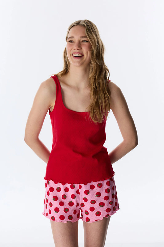 Kırmızı Camille Pointel Pamuklu Şortlu Pijama Takımı