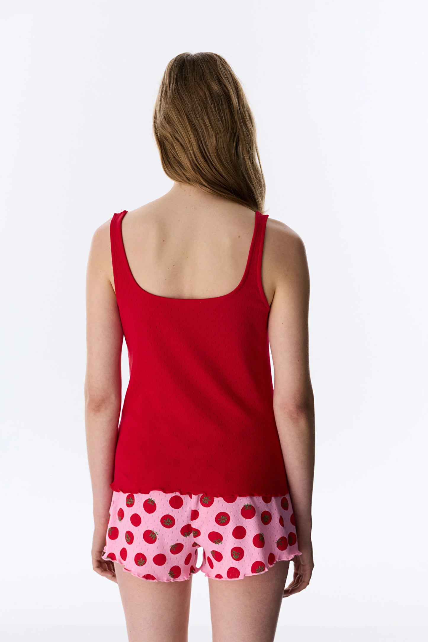 Kırmızı Camille Pointel Pamuklu Şortlu Pijama Takımı