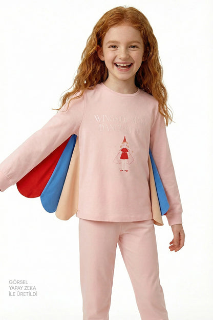 Açık Pembe Kız Çocuk Magician Girl Uzun Kollu Pamuklu Pijama Takımı
