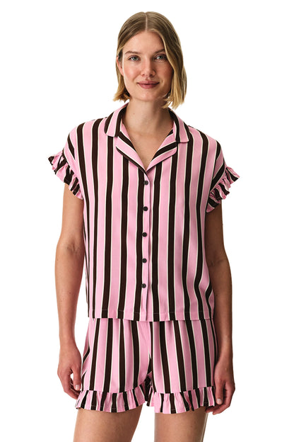 Kahverengi Lily Çizgili Gömlek Şortlu Pijama Takımı