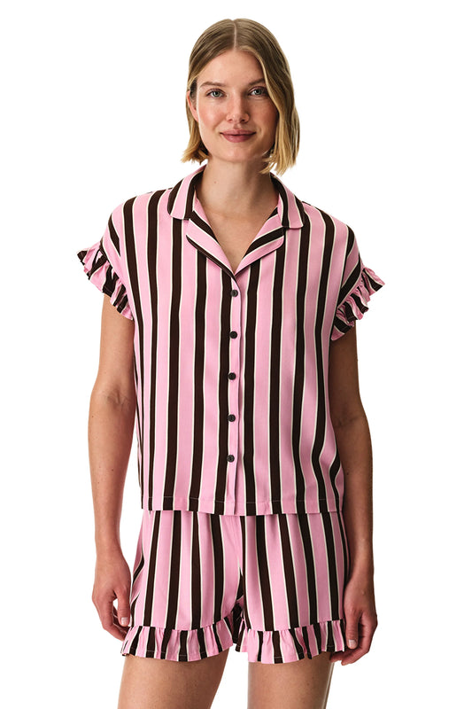 Kahverengi Lily Çizgili Gömlek Şortlu Pijama Takımı