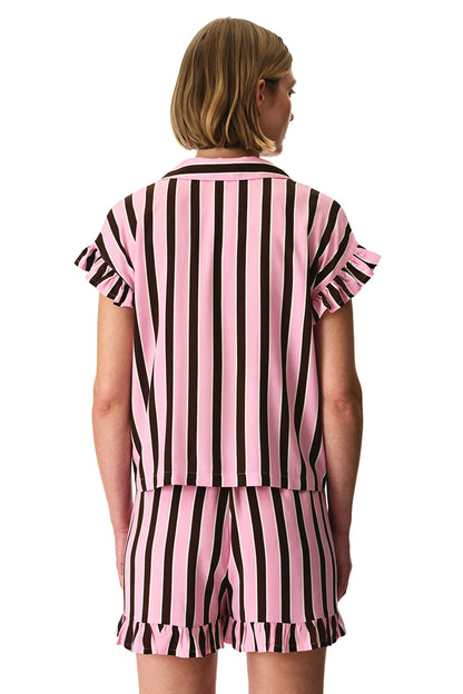 Kahverengi Lily Çizgili Gömlek Şortlu Pijama Takımı