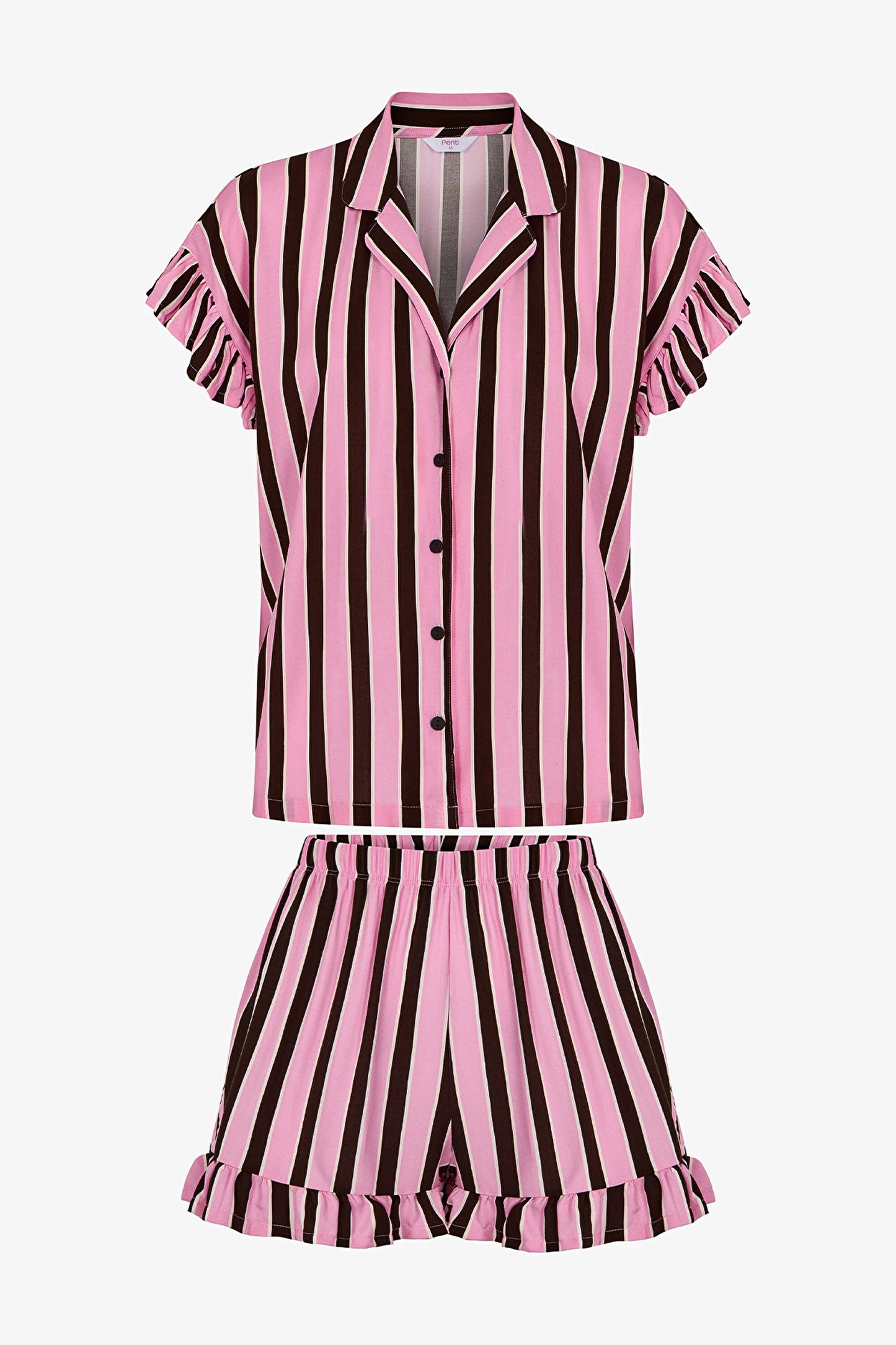 Kahverengi Lily Çizgili Gömlek Şortlu Pijama Takımı