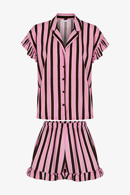 Kahverengi Lily Çizgili Gömlek Şortlu Pijama Takımı