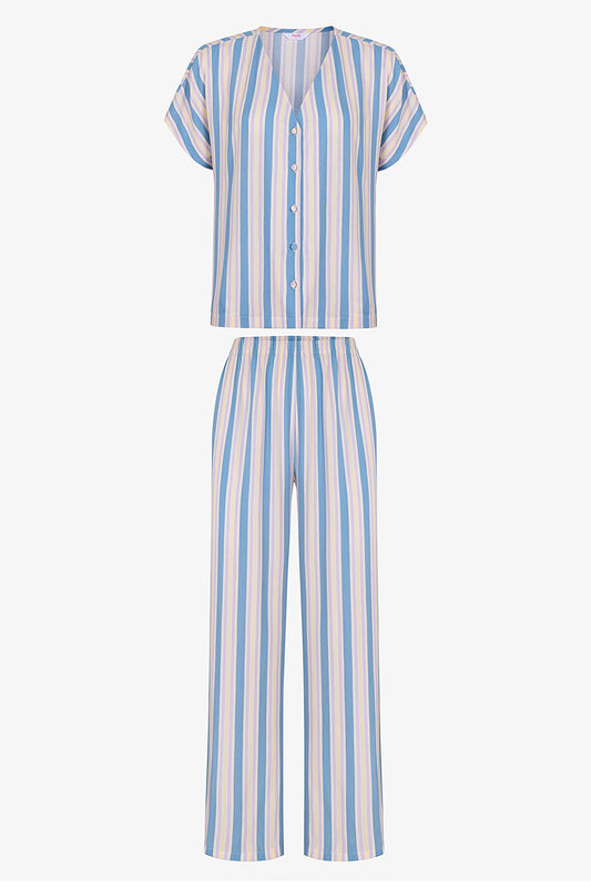 Mavi Ella Çizgili Pantolon Pijama Takımı