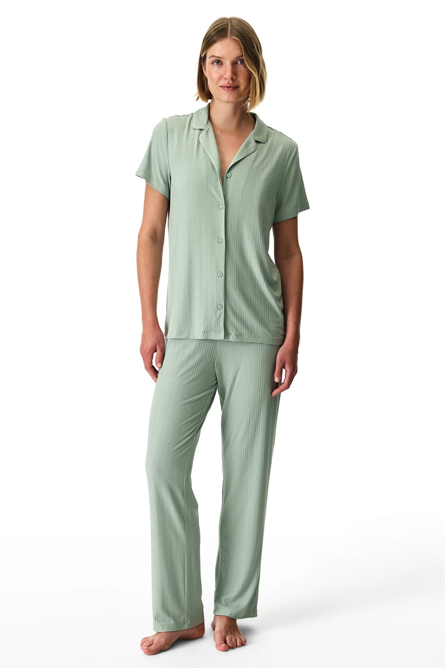 Açık Yeşil Alia Green Rib Düğmeli Gömlek Pantolon Pijama Takımı
