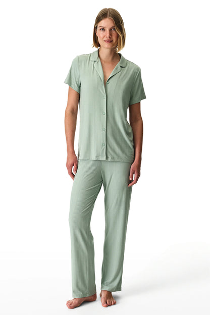 Açık Yeşil Alia Green Rib Düğmeli Gömlek Pantolon Pijama Takımı