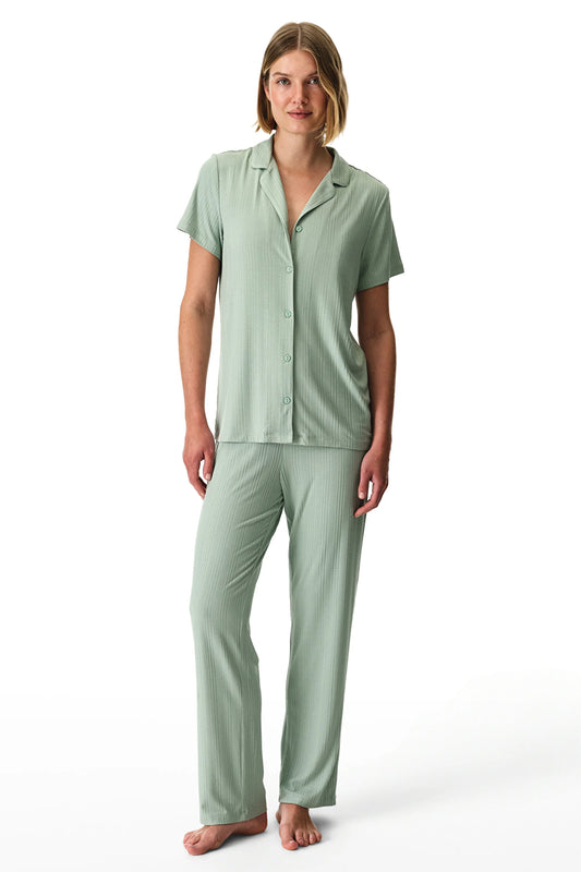 Açık Yeşil Alia Green Rib Düğmeli Gömlek Pantolon Pijama Takımı