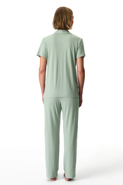 Açık Yeşil Alia Green Rib Düğmeli Gömlek Pantolon Pijama Takımı