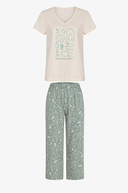 Açık Yeşil Golden Hour Pamuklu Kapri Pijama Takımı