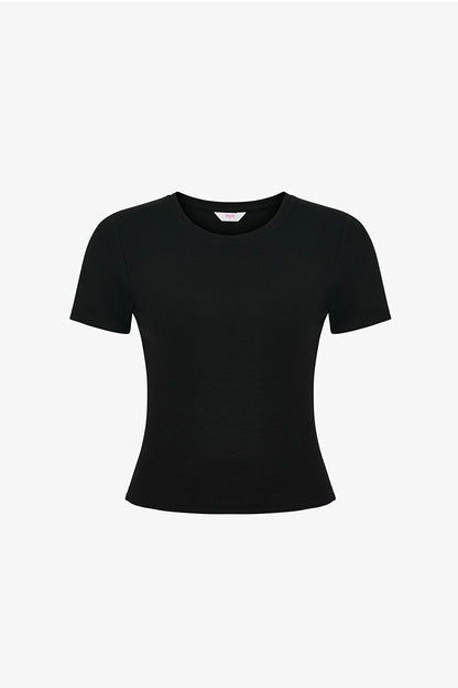 Siyah Bisiklet Yaka Crop Tişört