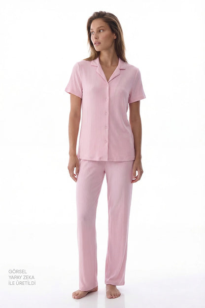 Pembe Alia Pink Düğmeli Gömlek Pantolon Pijama Takımı