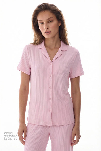 Pembe Alia Pink Düğmeli Gömlek Pantolon Pijama Takımı