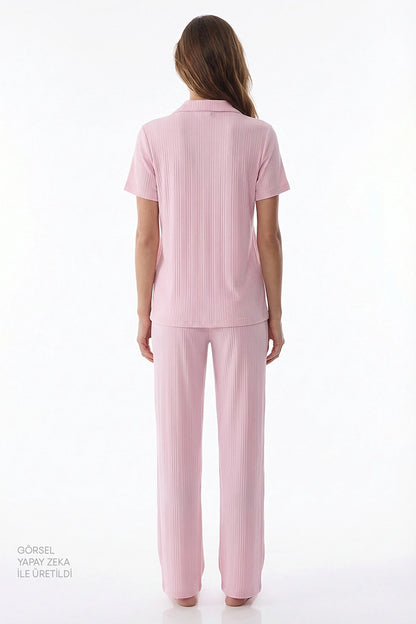 Pembe Alia Pink Düğmeli Gömlek Pantolon Pijama Takımı