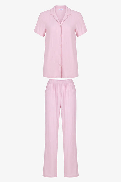 Pembe Alia Pink Düğmeli Gömlek Pantolon Pijama Takımı