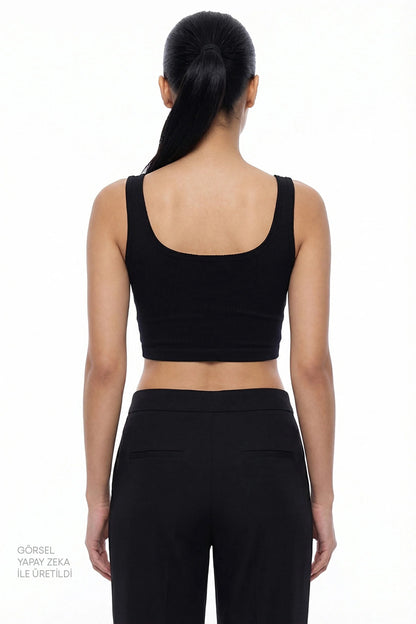 Siyah Seamless Dikişsiz Kare Yaka Crop Üst