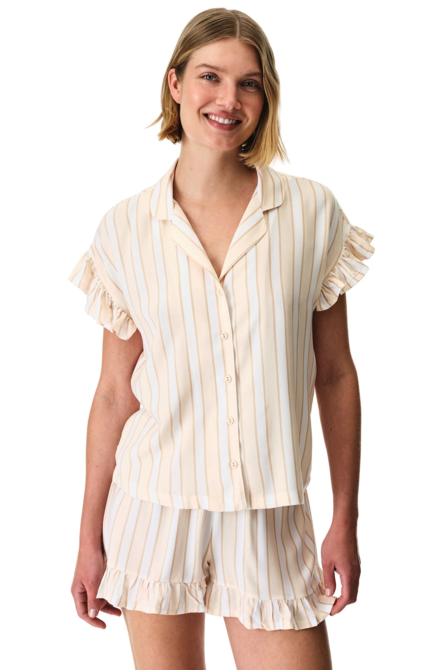 Bej Quinn Çizgili Gömlek Şortlu Pijama Takımı