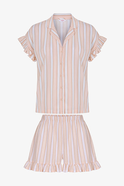 Bej Quinn Çizgili Gömlek Şortlu Pijama Takımı