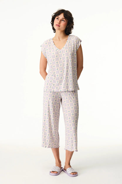 Lila Ella Desenli Kapri Pijama Altı