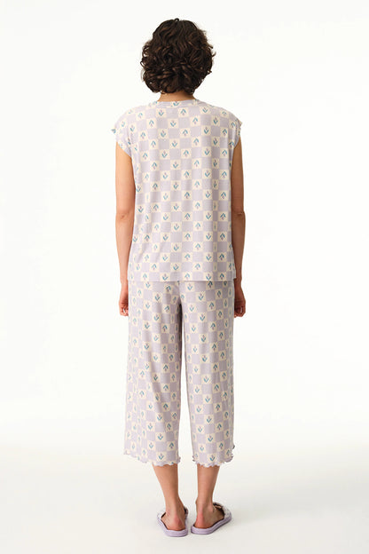 Lila Ella Desenli Kapri Pijama Altı