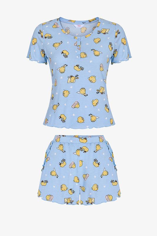 Açık Mavi Happine Rib Şortlu Pijama Takımı