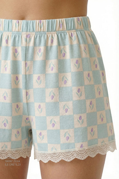Açık Yeşil Serenity Floral Pamuklu Şortlu Pijama Takımı