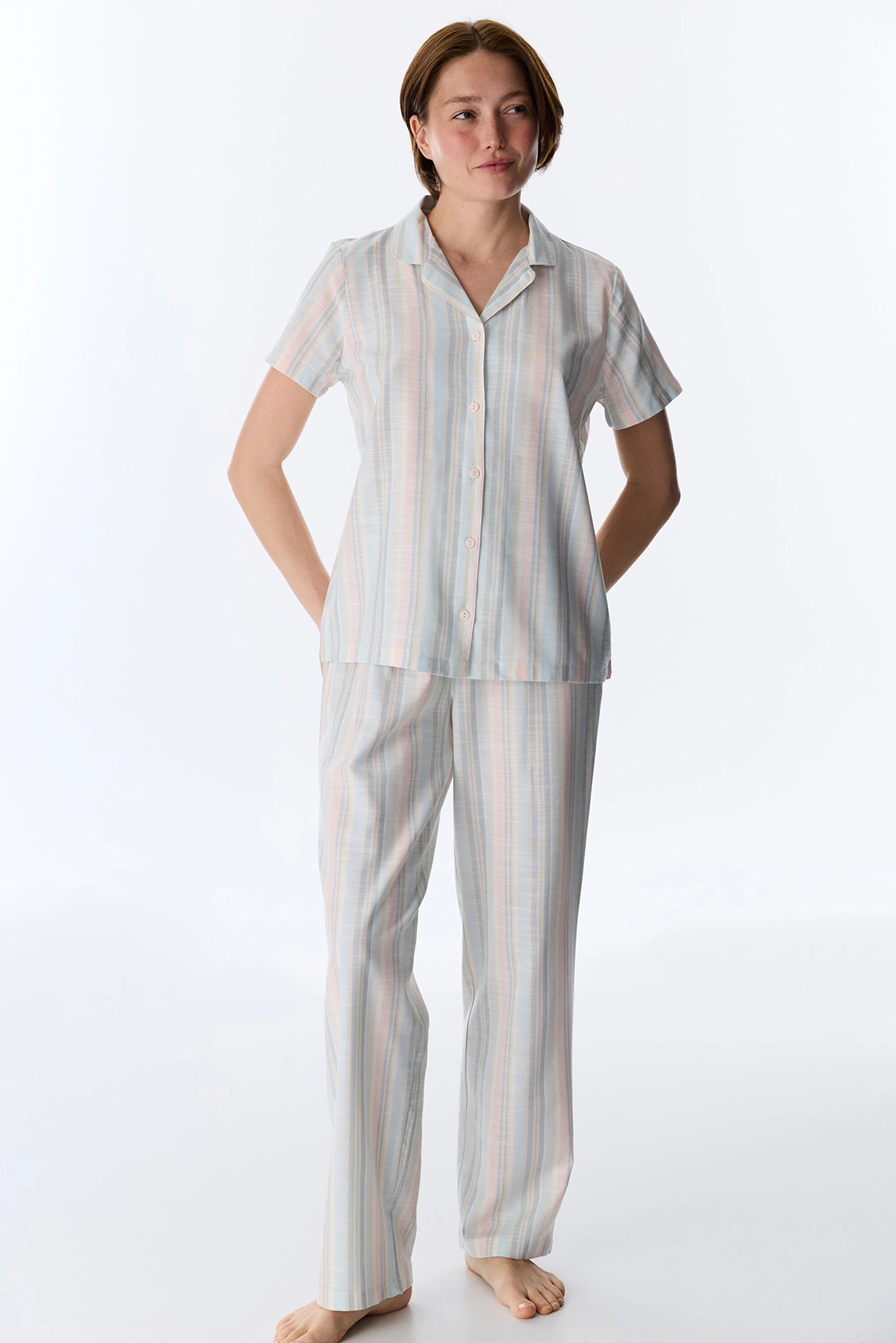 Renkli Mixed Çizgili Düğmeli Gömlek Pantolon Pijama Takımı