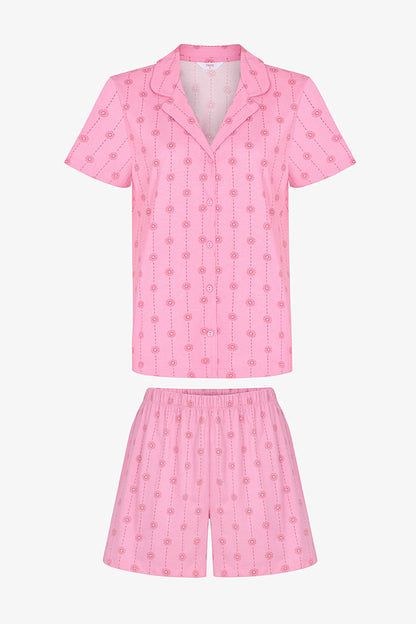 Pembe Pink Stardust Pamuklu Gömlek Şortlu Pijama Takımı
