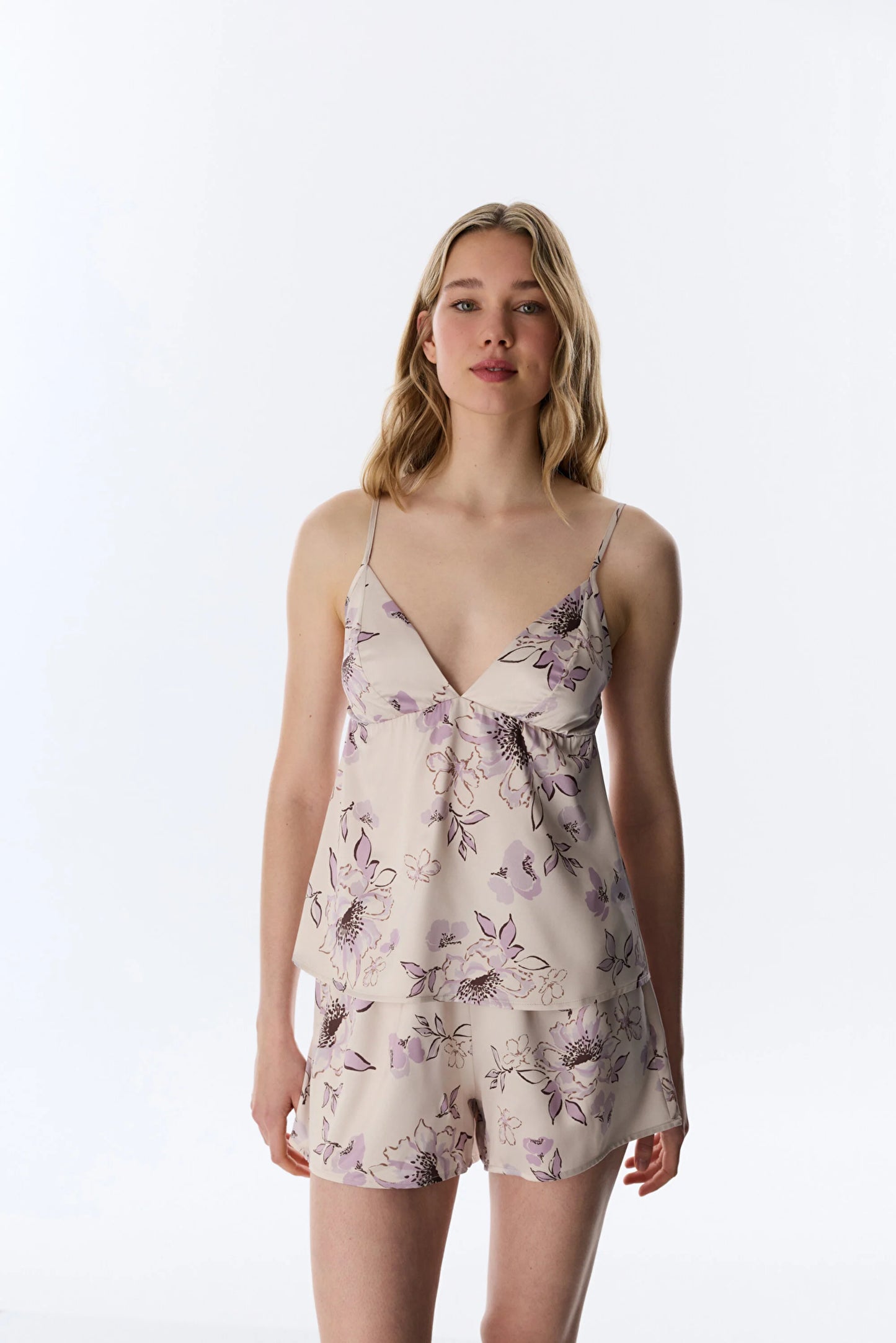 Pastel Bej Petal Saten Şort Pijama Altı