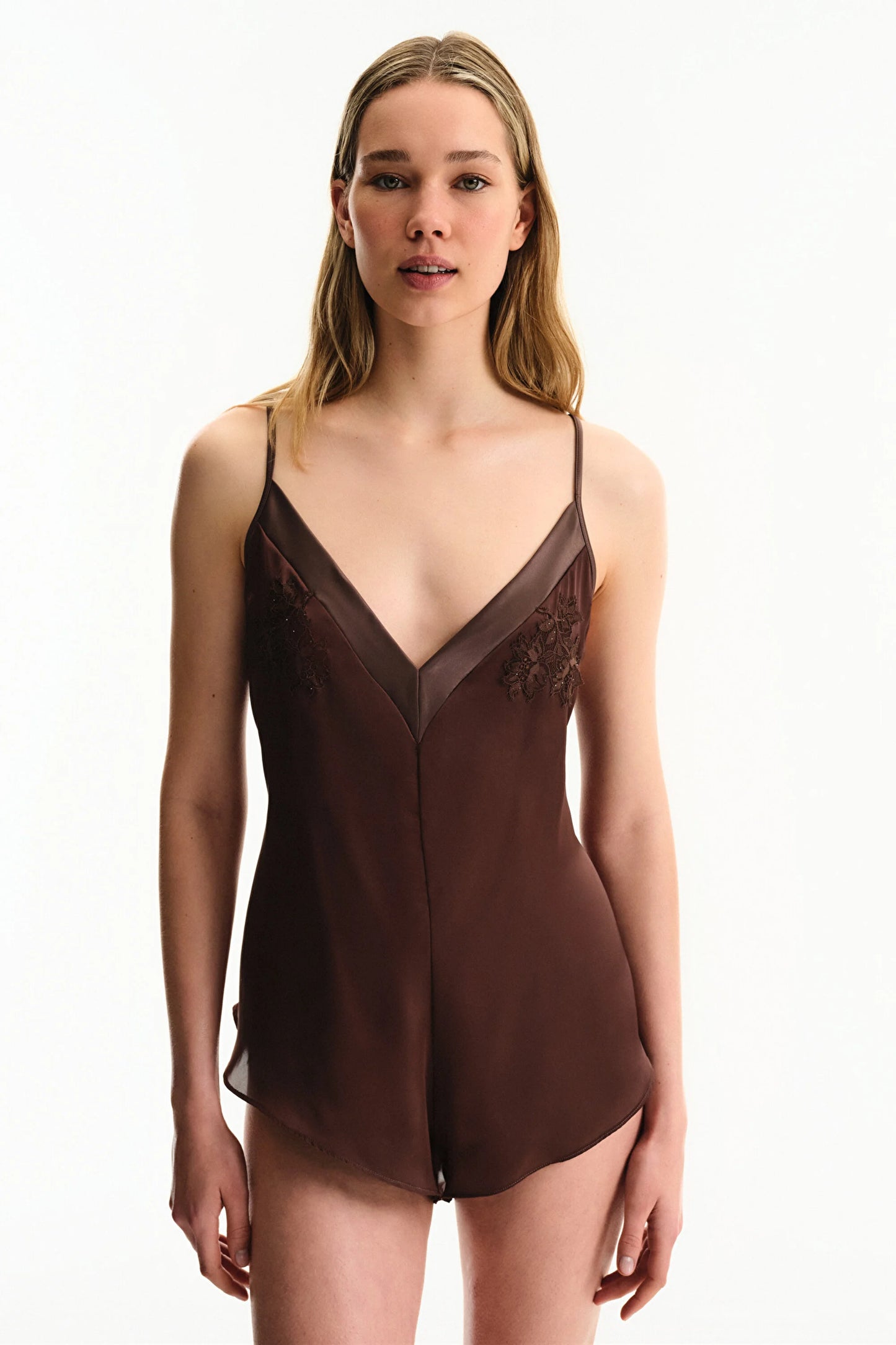 Kahverengi Saten Chiffon Teddy Tulum