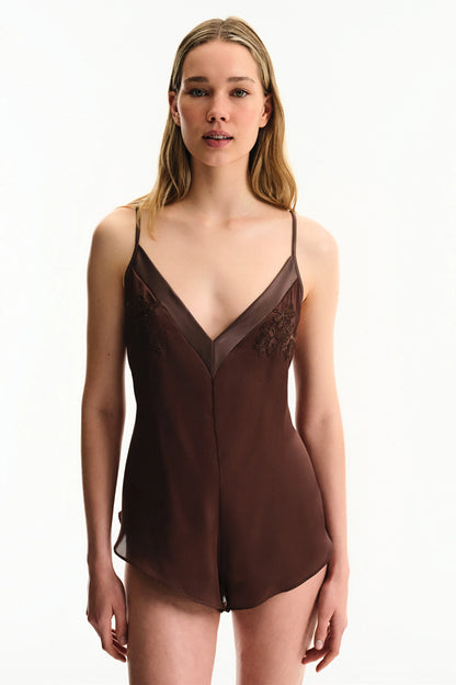 Kahverengi Saten Chiffon Teddy Tulum
