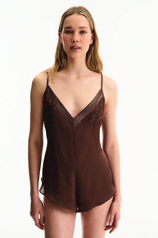 Kahverengi Saten Chiffon Teddy Tulum
