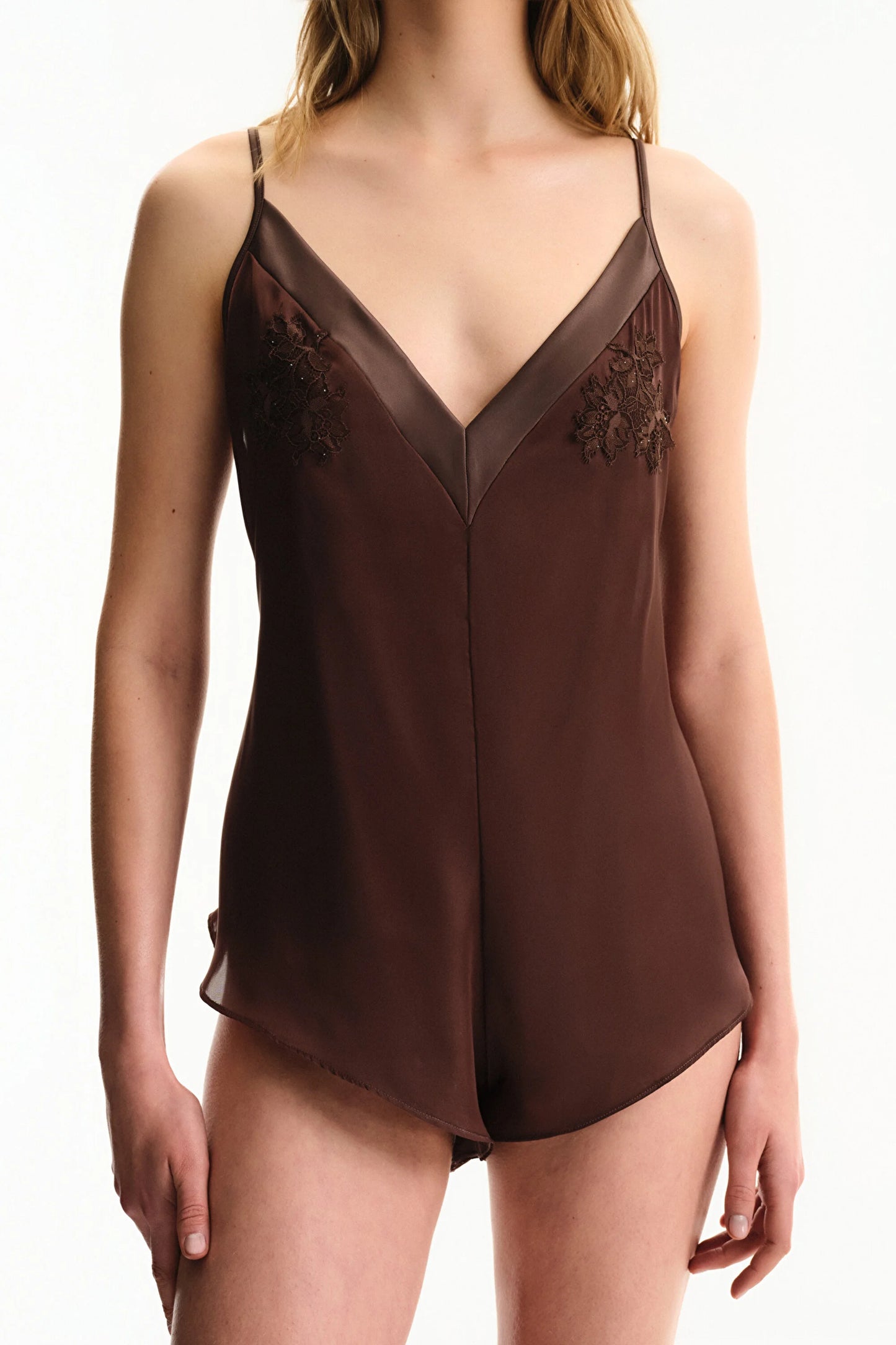 Kahverengi Saten Chiffon Teddy Tulum