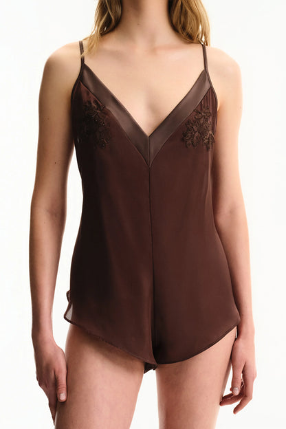 Kahverengi Saten Chiffon Teddy Tulum