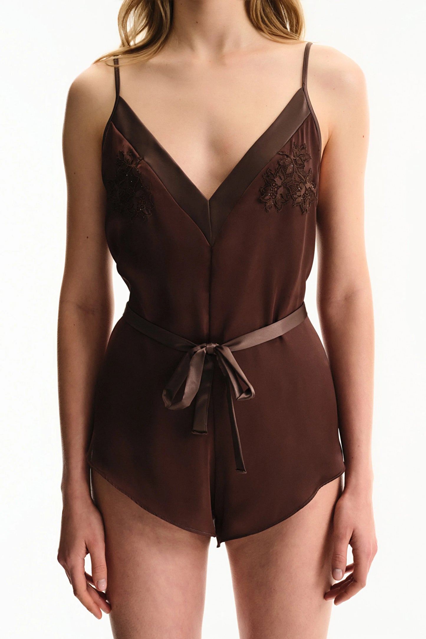 Kahverengi Saten Chiffon Teddy Tulum