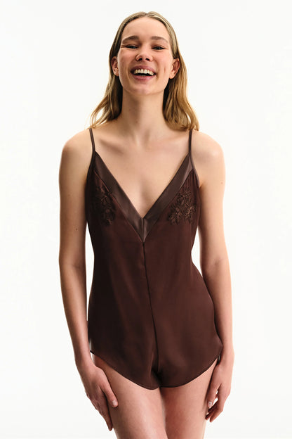 Kahverengi Saten Chiffon Teddy Tulum