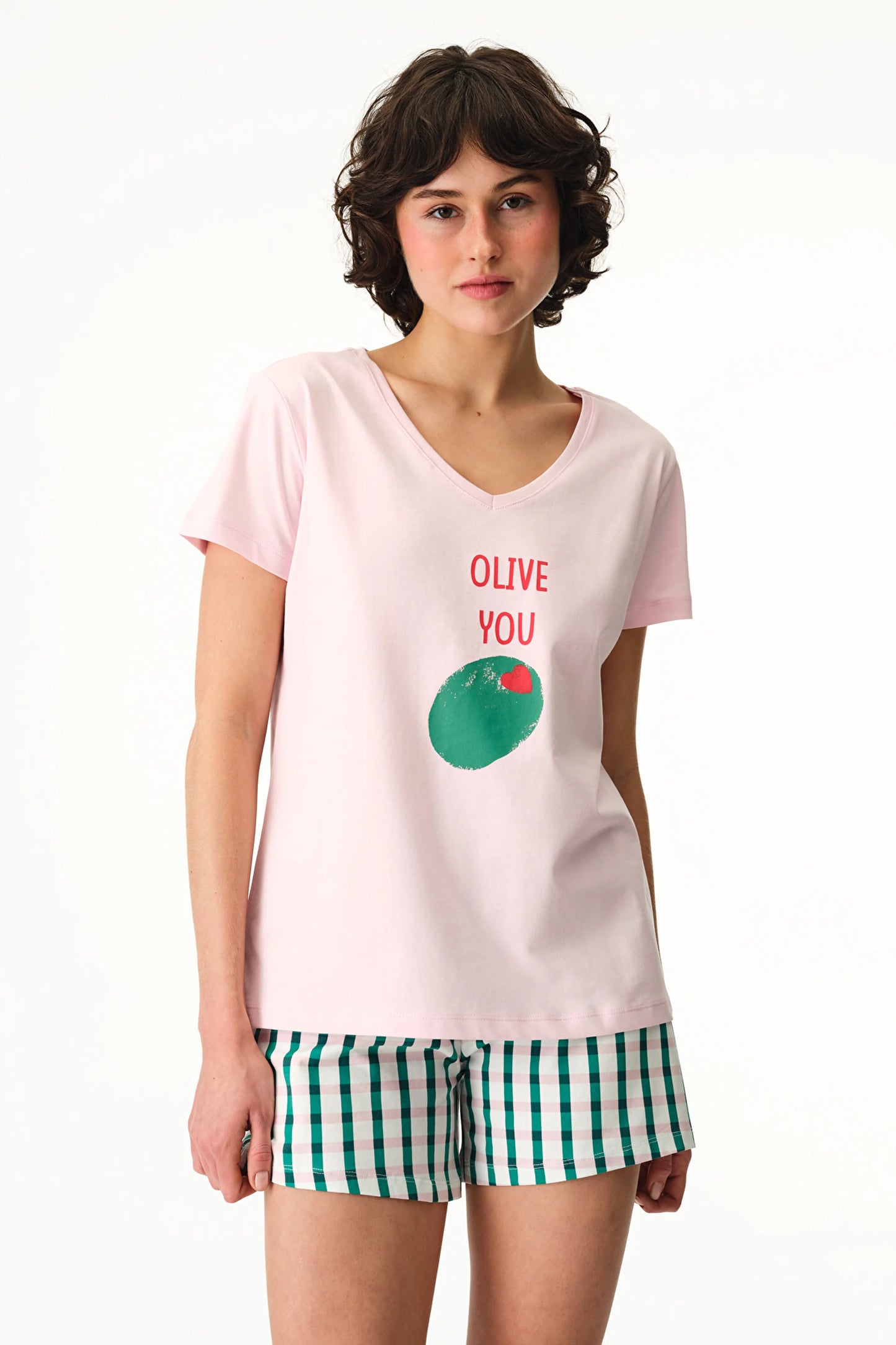 Renkli Olive You Pamuklu Şort Pijama Takımı