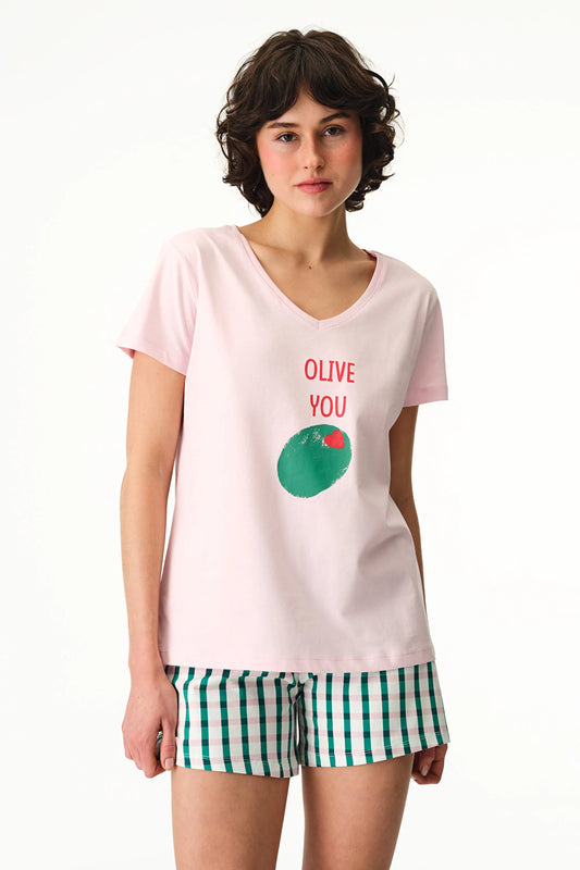 Renkli Olive You Pamuklu Şort Pijama Takımı