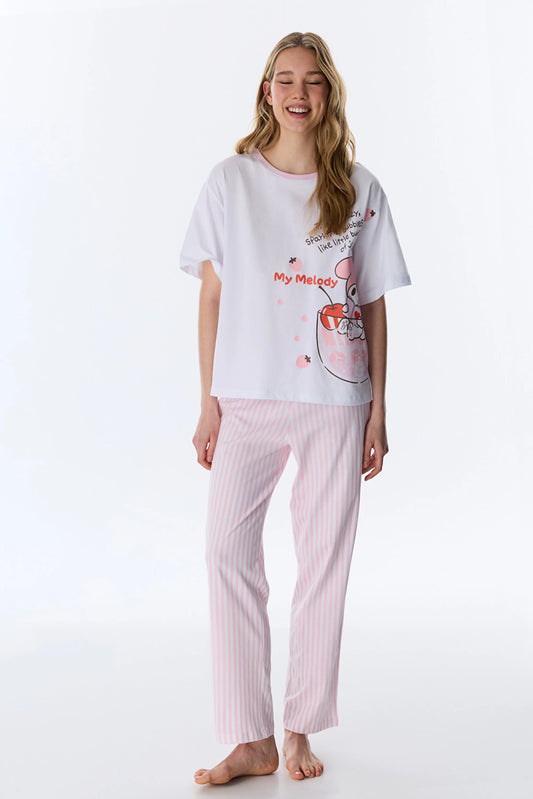 Optik Beyaz Lic My Melody Pamuklu Pantolon Pijama Takımı